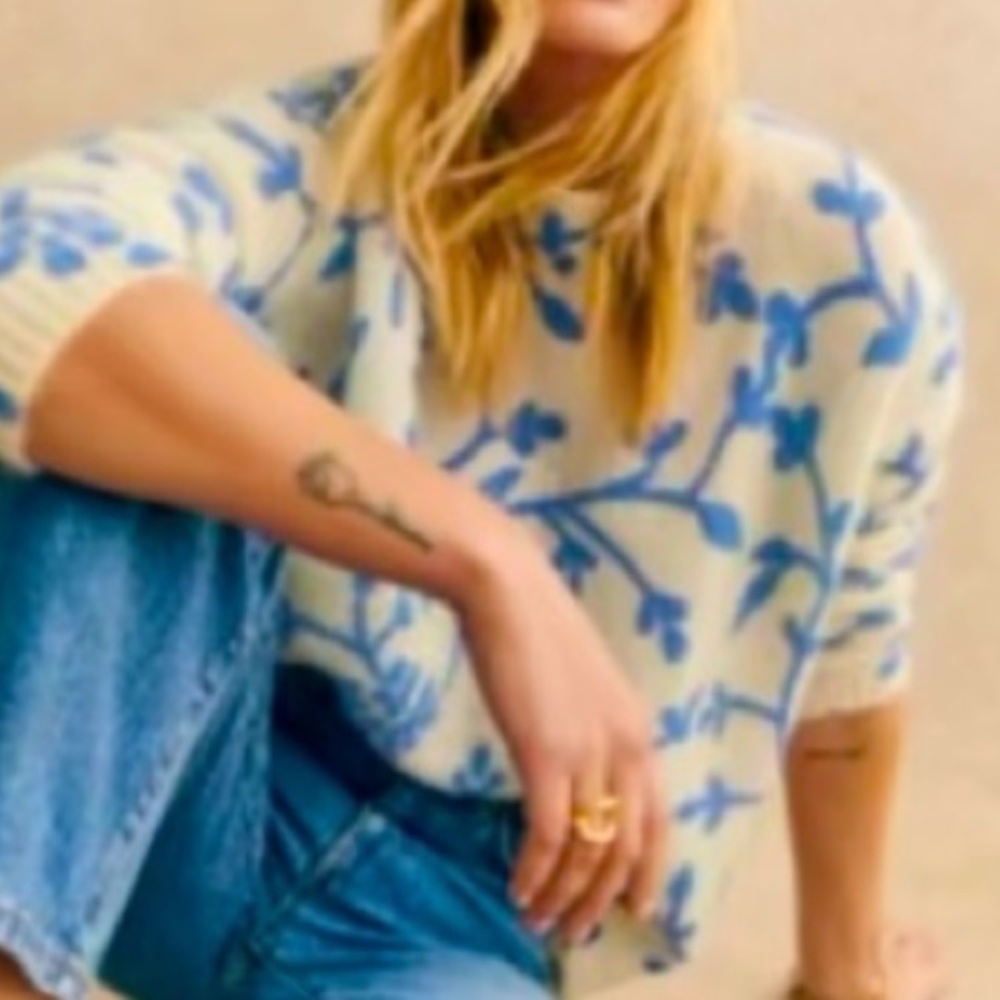 Sezane Pelagie Cream & Ecru Blue Floral Sweater made of Kid Mohair Feminine XS